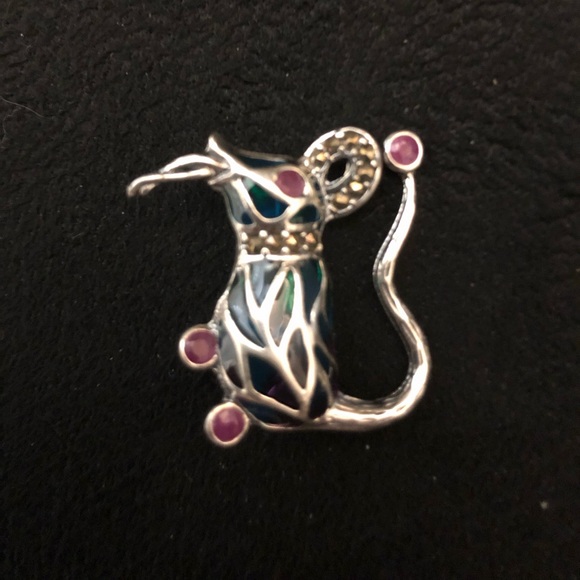 Lovely New 925 Sterling Silver Ruby and Marcasite Enamel Mouse Brooch/Pendant - Picture 5 of 5